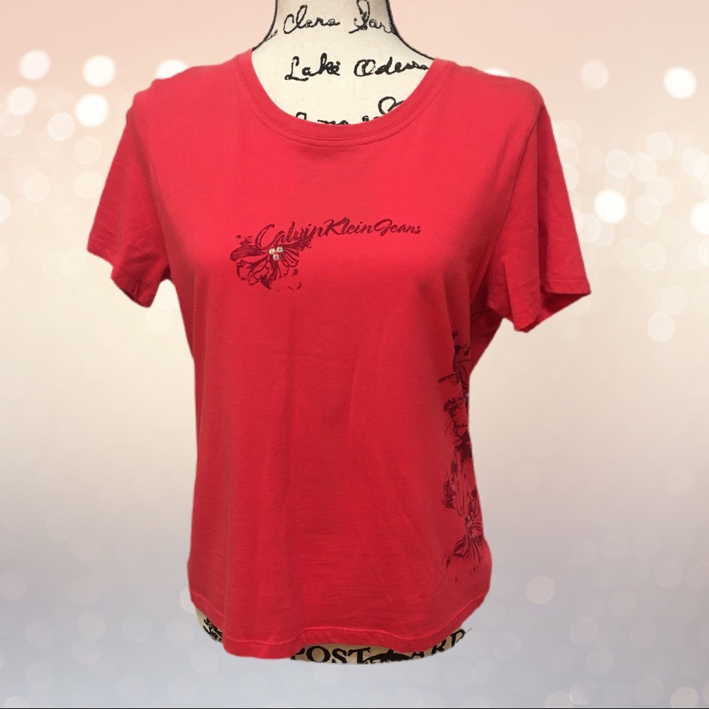 New Calvin Klein red/coral embellished top. Sz L